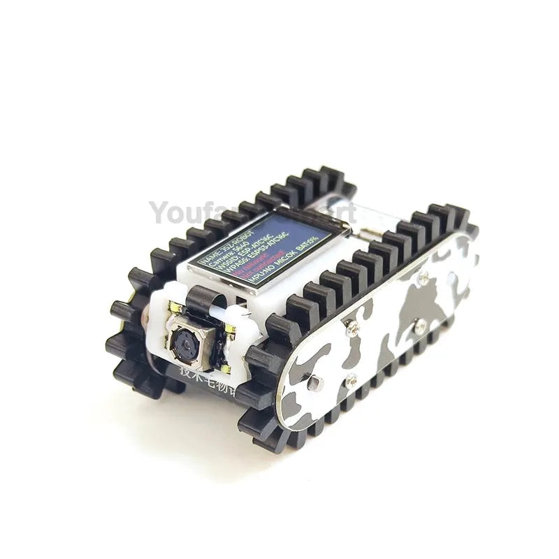 RC robot car with camera showcasing its compact design and tank-like wheels for maneuverability.