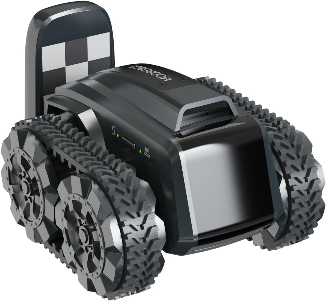 All-terrain mobile camera robot with grippy tires for monitoring yard and job sites.