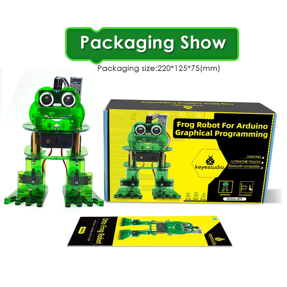 Packaging of the DIY Frog Robot kit, showcasing the robot and educational details for beginners.
