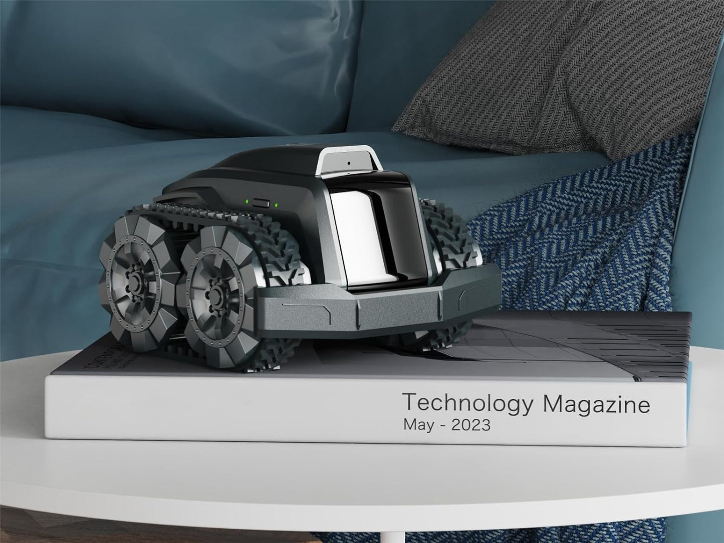 All-terrain mobile camera robot showcased on a magazine, ideal for monitoring various environments.