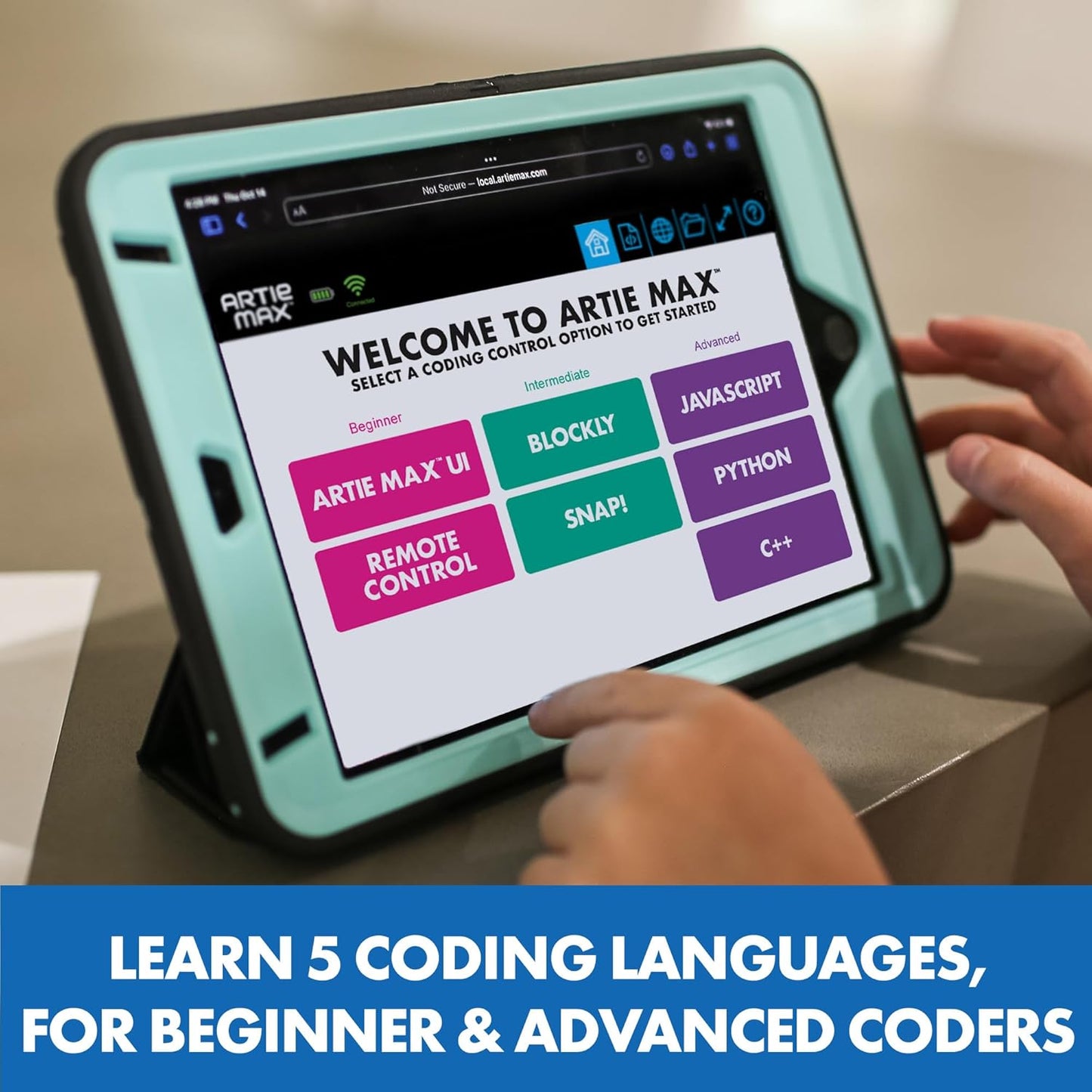 coding drawing robot STEM toy displayed on tablet, featuring coding languages for beginner and advanced coders.
