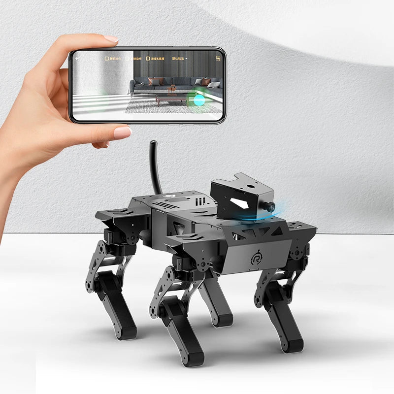 Person using a smartphone to control a quadruped robot dog, showcasing its intelligent design and capabilities.