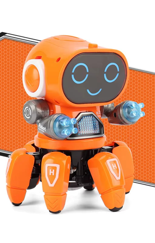 Interactive smart robot for kids with expressive lights and responsive features in vibrant orange color.