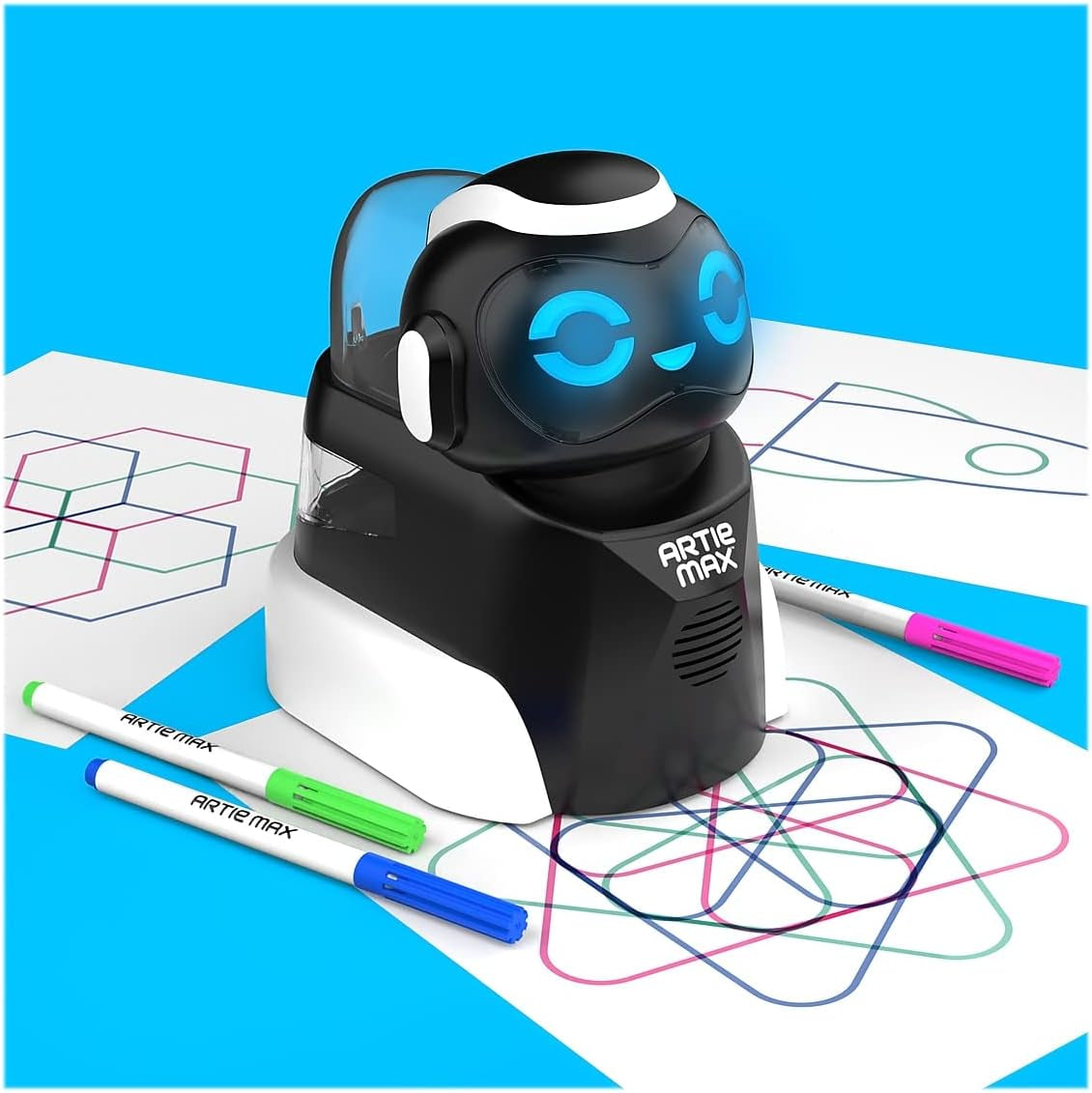 Coding drawing robot STEM toy creating colorful designs on paper with markers.