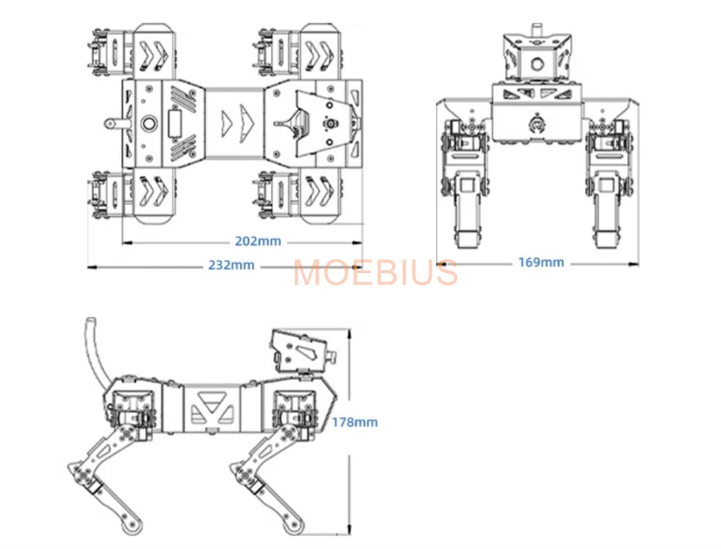 Schematic diagram of a quadruped robot dog with measurements for design and engineering specifications.