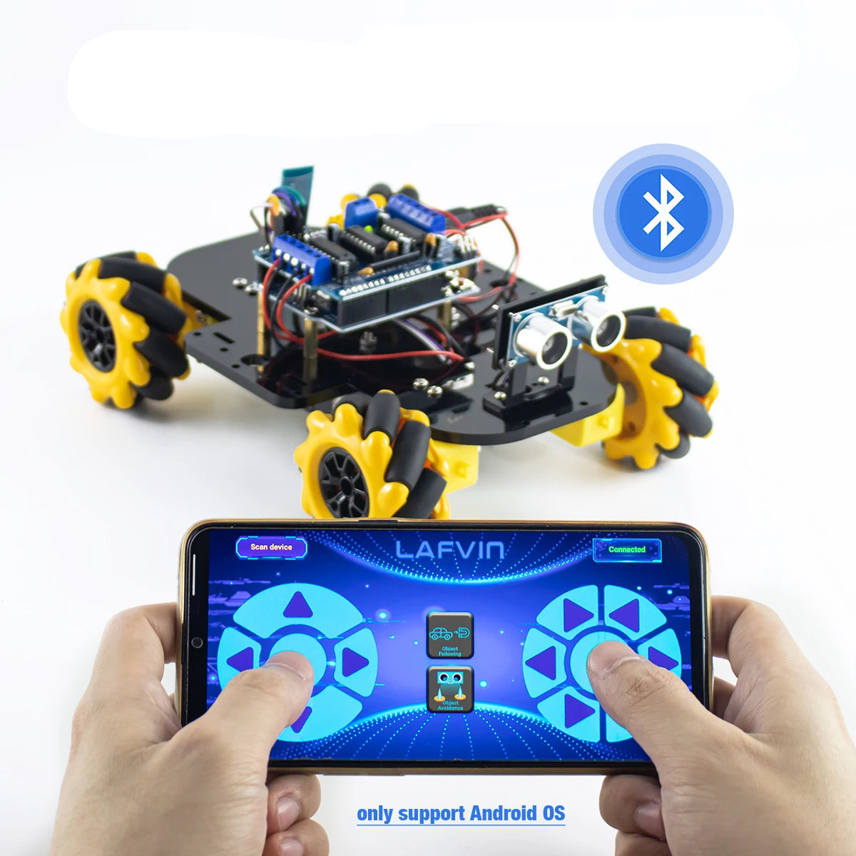 Arduino robot kit for beginners with smartphone app control and Bluetooth connectivity.