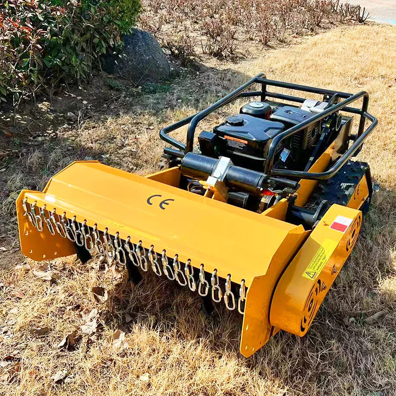 Remote Control Flail Crawler Mower showcased on grass, designed for tackling rough terrain with ease and precision.