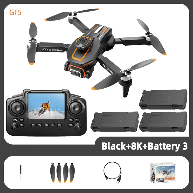 4K RC drone with camera GT5 model, featuring a remote control, batteries, and accessories for aerial photography.