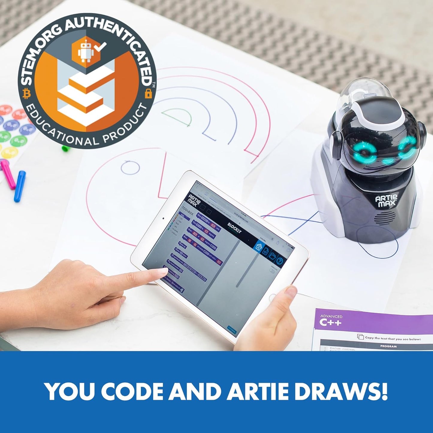 Coding drawing robot STEM toy in action, transforming code into sketches with precision motors and interactive programming.