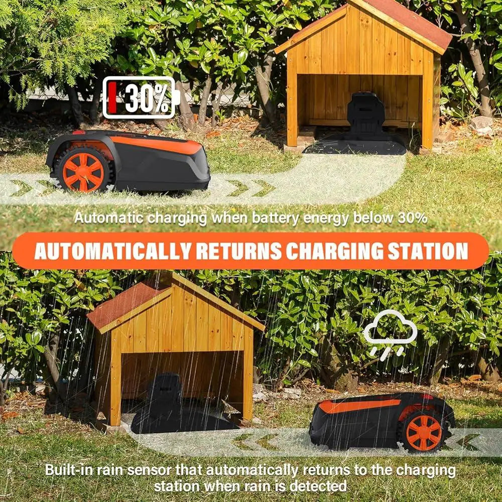 Automatic robot lawn mower with charging station and rain sensor features for efficient lawn care.