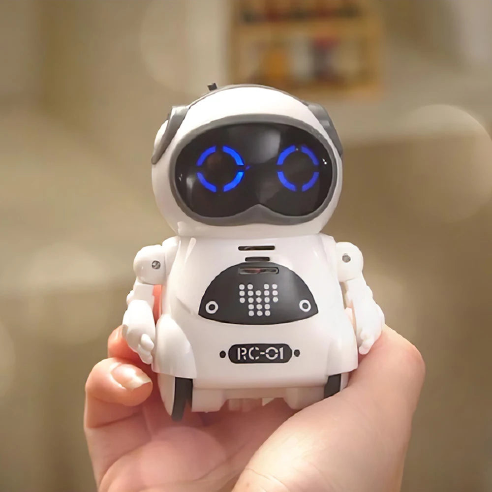Interactive pocket robot toys designed for fun and learning, featuring blinking LEDs and responsive touch sensors.