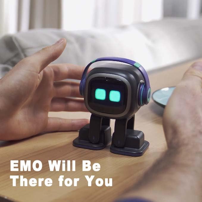 Emo ChatGPT-Enabled AI Desk Robot Companion interacting with a user on a wooden desk.