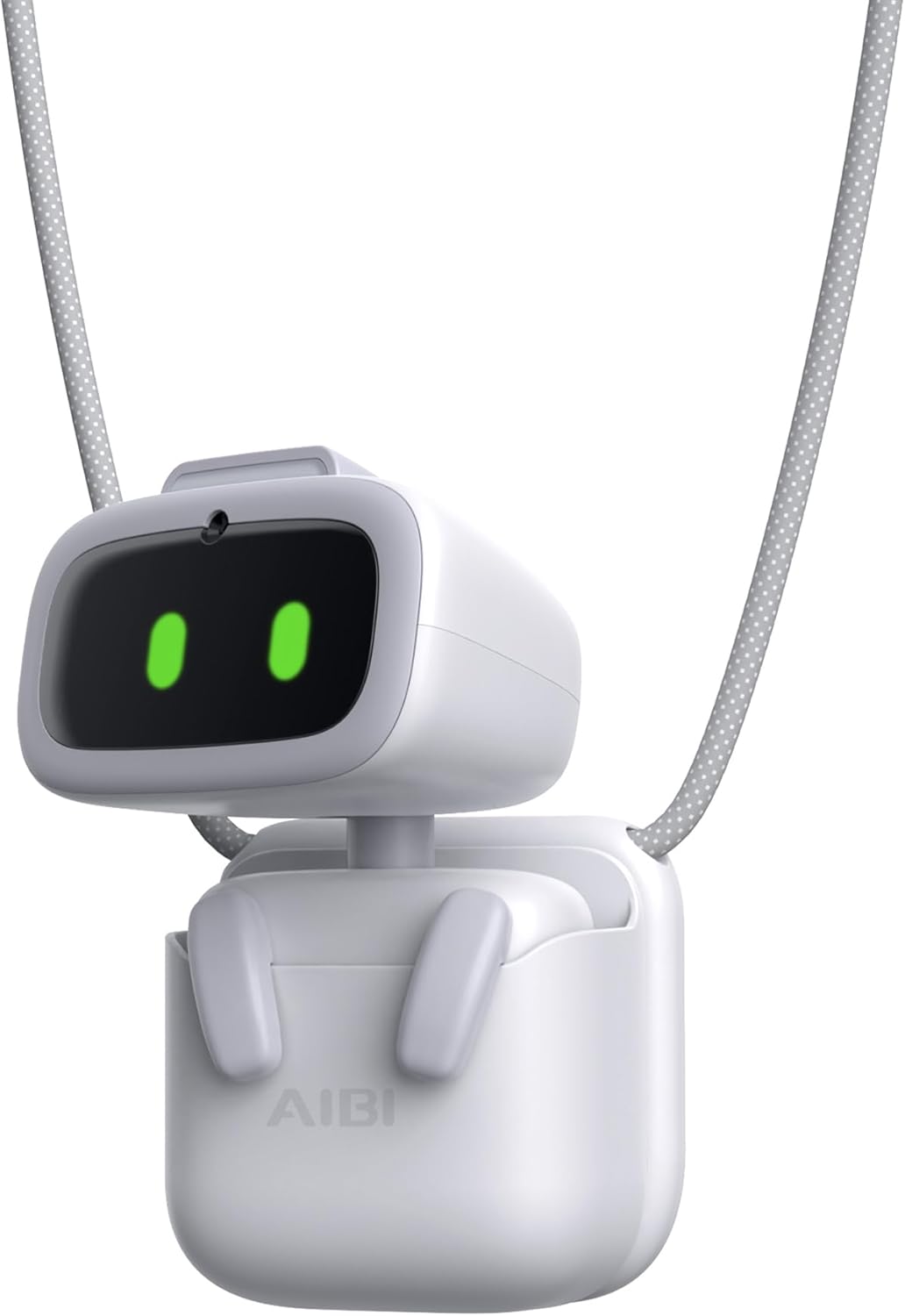 Ultra-portable wearable robot with a sleek design, features green-eyed display and hangs from a stylish cord.