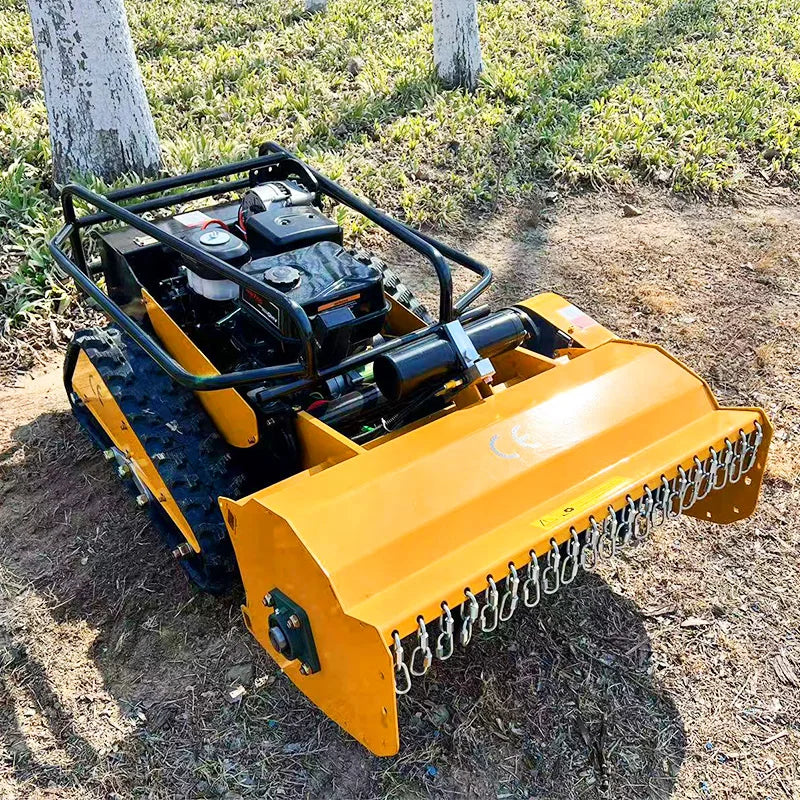 Remote Control Flail Crawler Mower with robust flail deck and tracked chassis on grassy terrain.