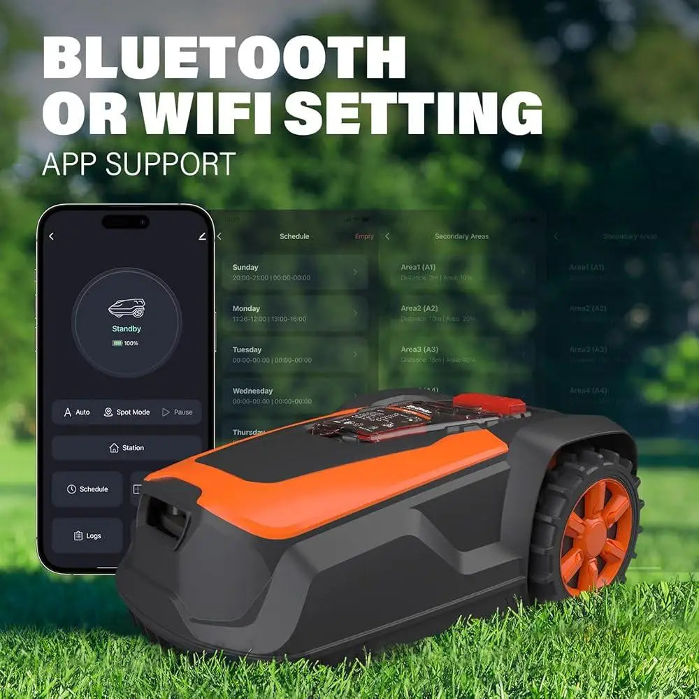 automatic robot lawn mower with Bluetooth and WiFi app support for easy scheduling and settings