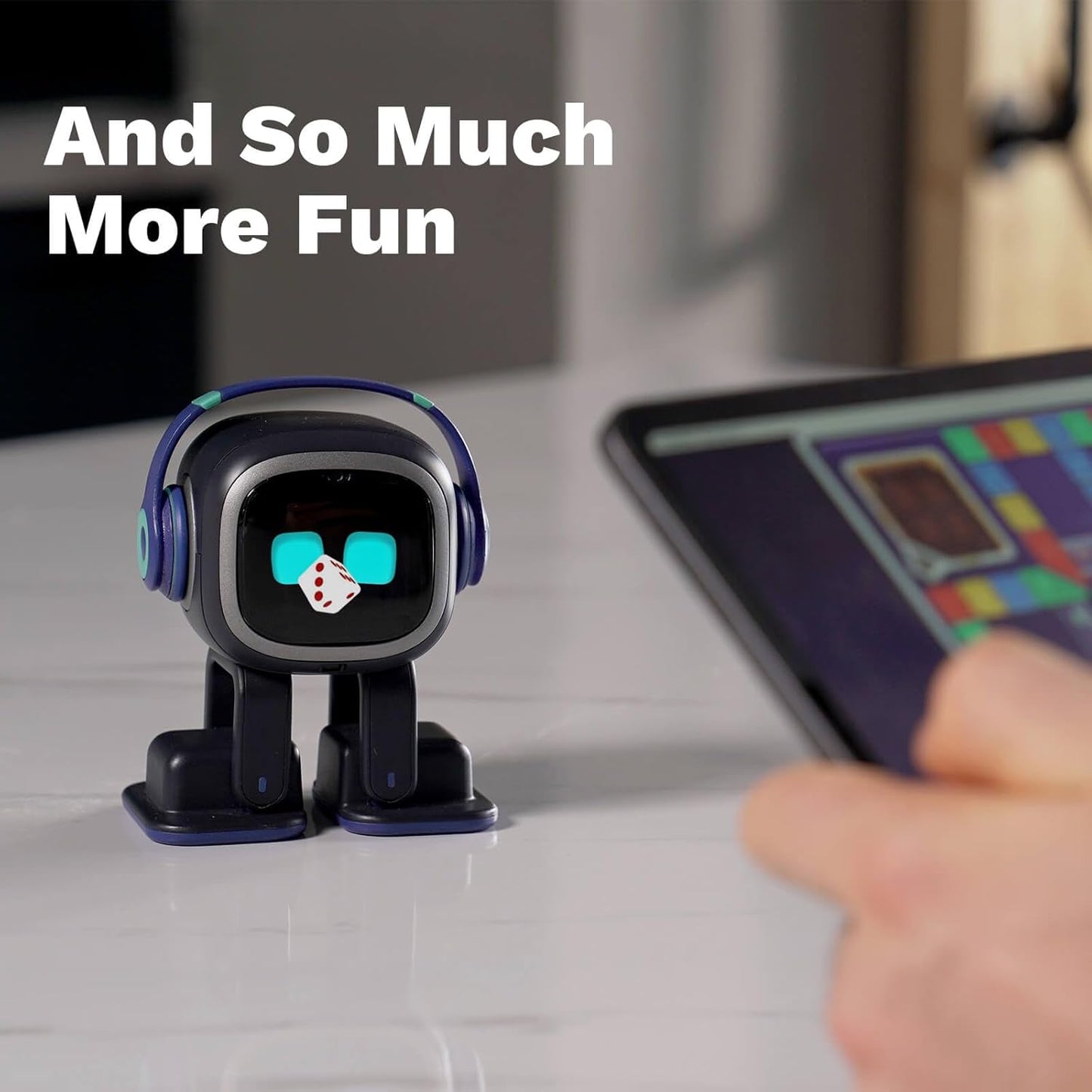 Emo ChatGPT-Enabled AI Desk Robot Companion interacting with a tablet for fun activities.