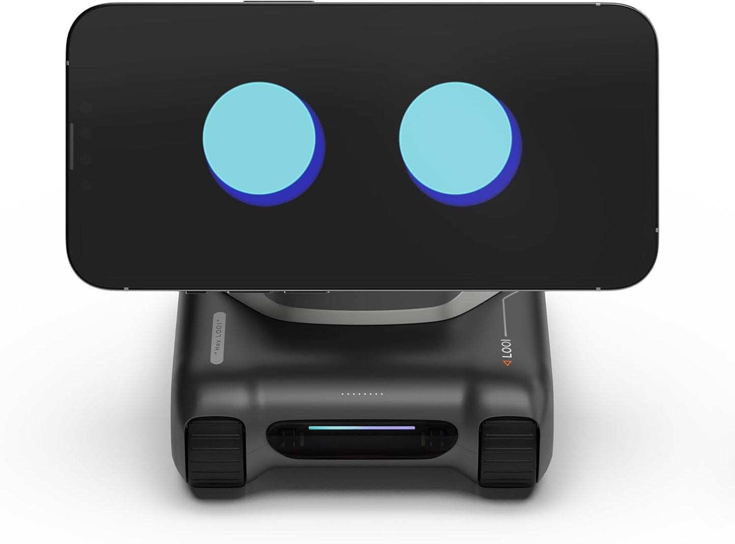 Smart AI desktop companion with expressive LEDs and a mobile device interface for enhanced interaction.