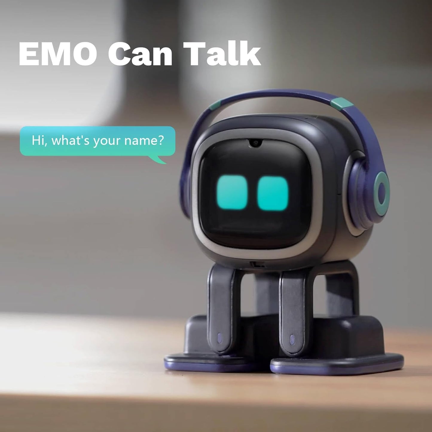 Emo ChatGPT-Enabled AI Desk Robot Companion with expressive eyes and a friendly voice greeting users.