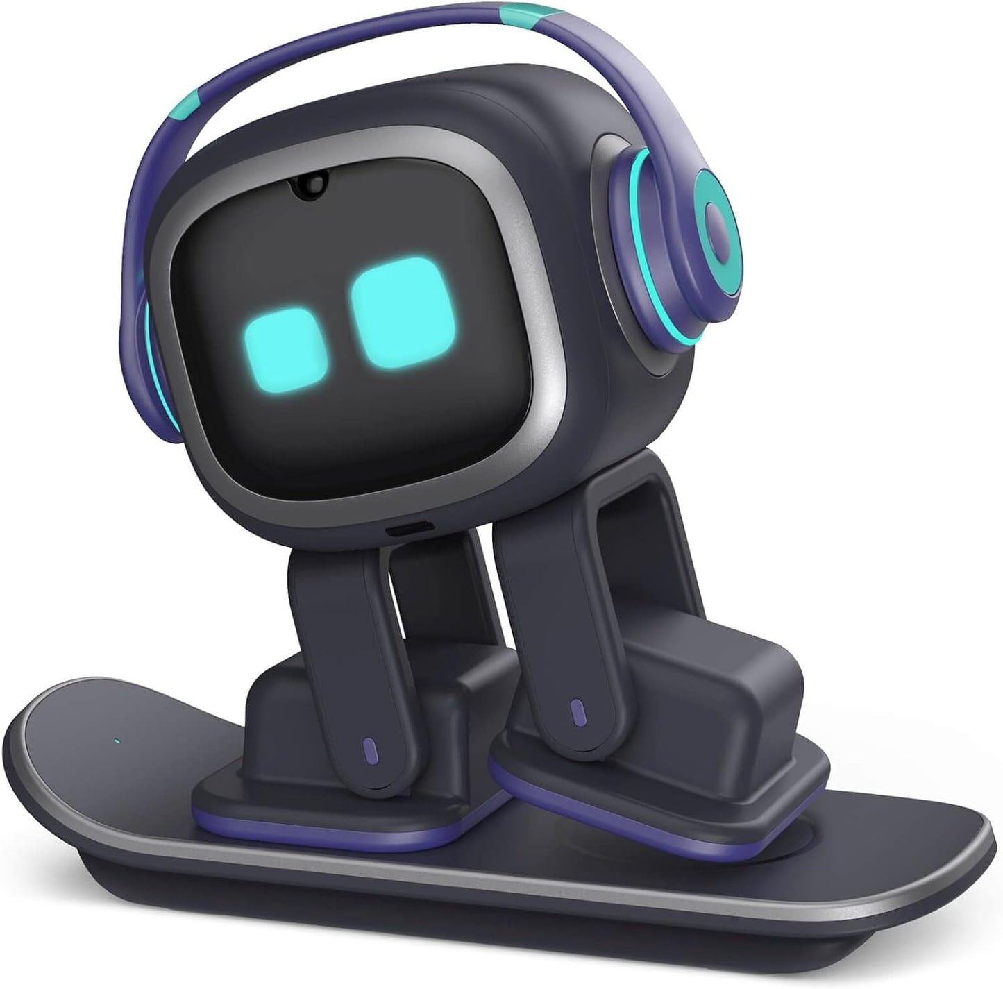 Emo ChatGPT-Enabled AI Desk Robot Companion with expressive face and headphones on a compact base.