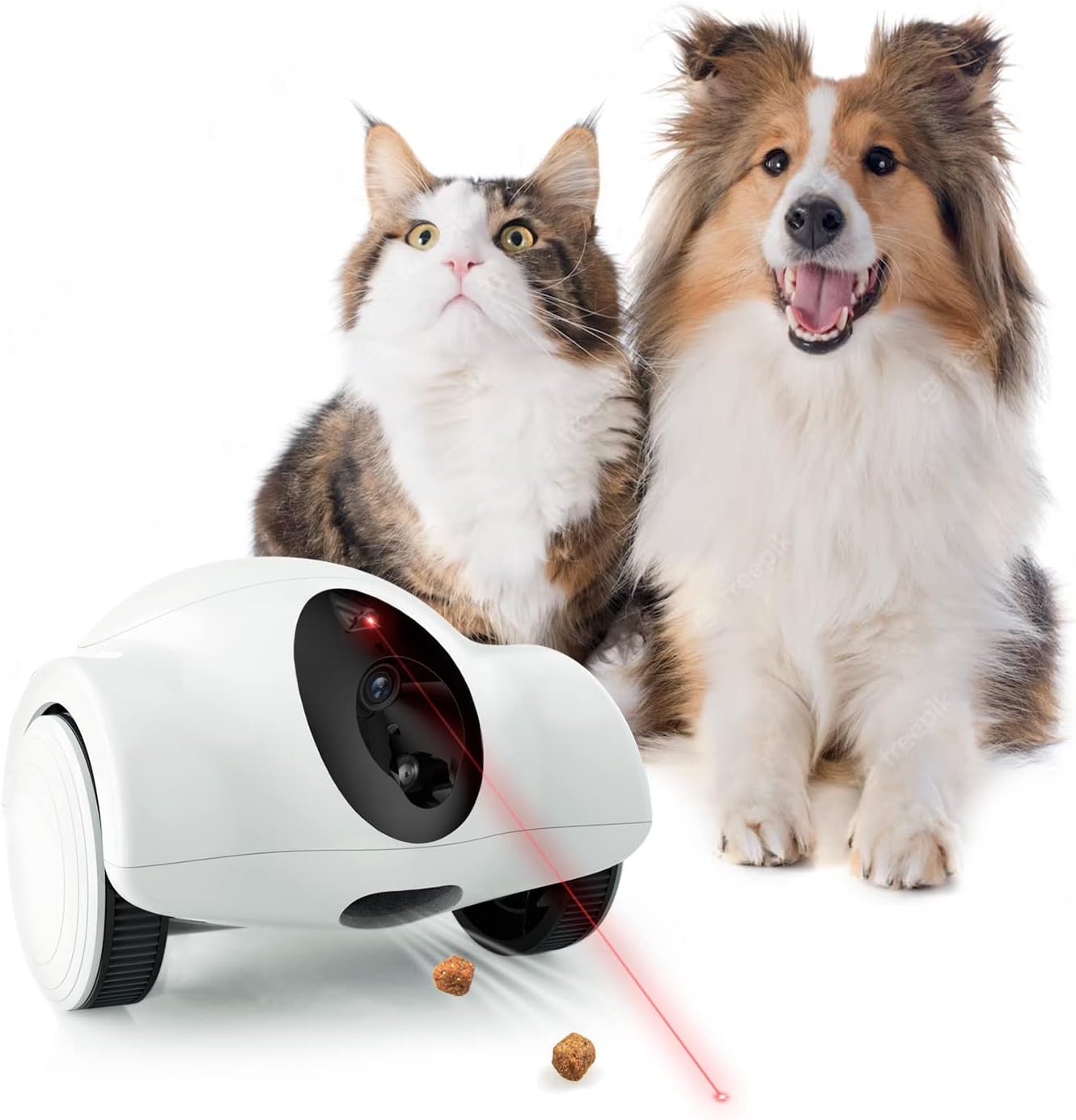 Smart Pet Robot Camera with Treat Dispenser alongside a dog and cat, capturing playful moments.