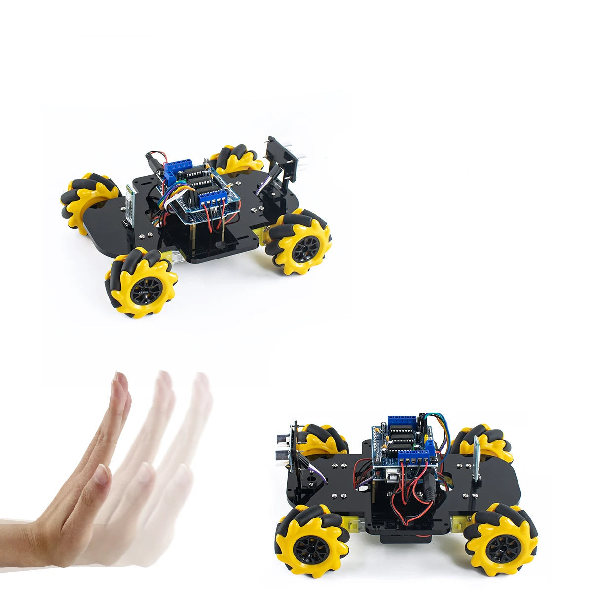 Arduino robot kit for beginners showcasing a hands-on robot with sensors and colorful wheels.