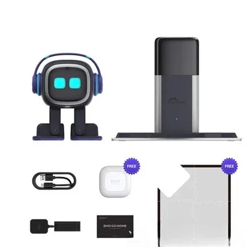 Interactive AI robots with accessories including a charging dock, USB cable, and more for learning and assistance.