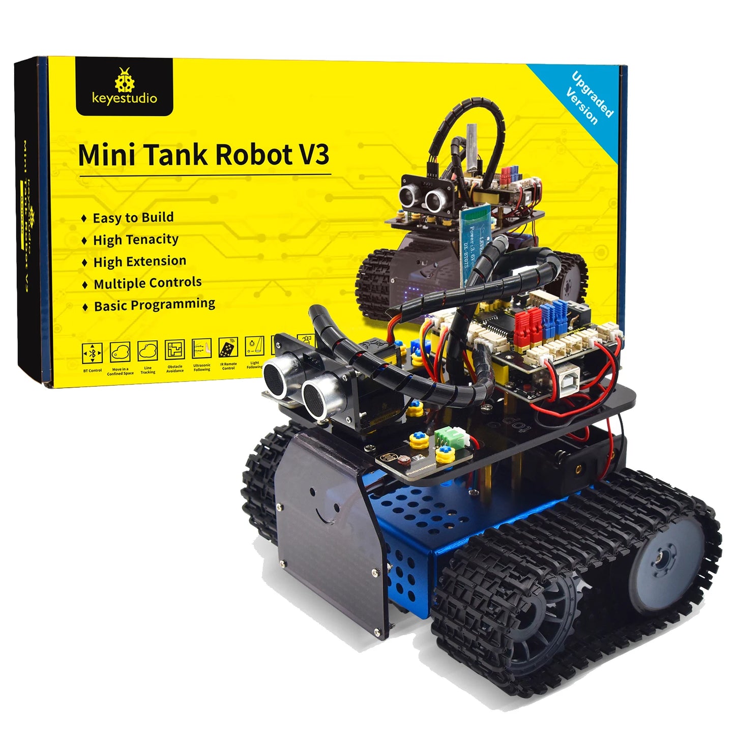 Mini Smart Tank Robot Kit showcasing a programmable tank robot on a colorful packaging background, ideal for STEM projects.
