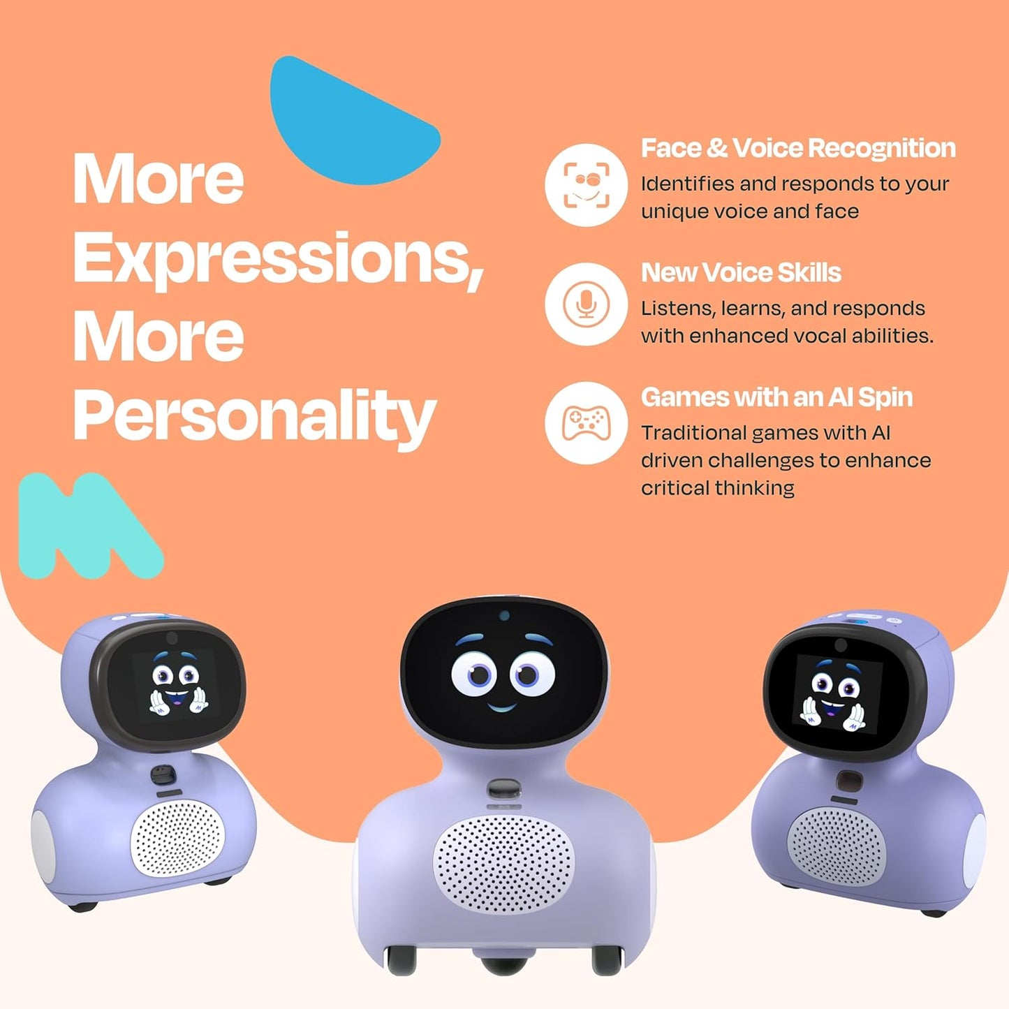 AI educational robot for kids with expressive face and voice recognition features, enhancing interactive learning.