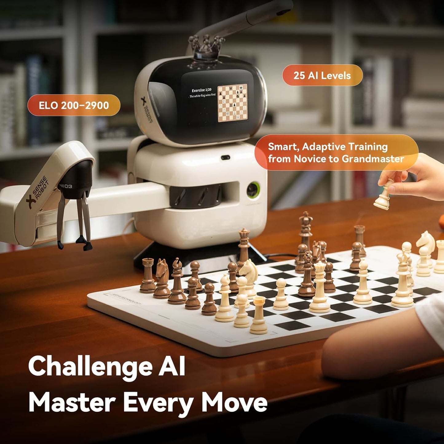 AI Chess Robot with Robotic Arm – 25 AI Levels, 1200+ Exercises, Endgame Trainer, Classic Game Replay, Voice Coaching, Lichess Integration, App Sync, for All Skill Levels