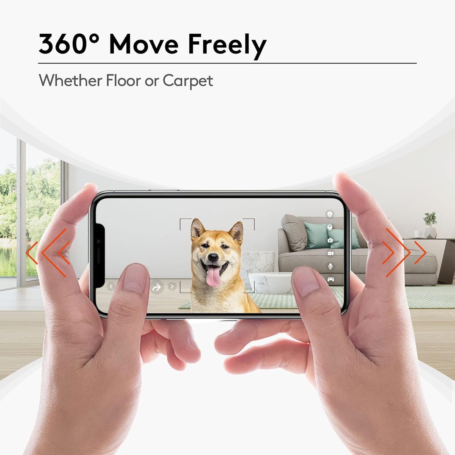Smart Pet Robot Camera with Treat Dispenser with 360° movement control shown on a smartphone.