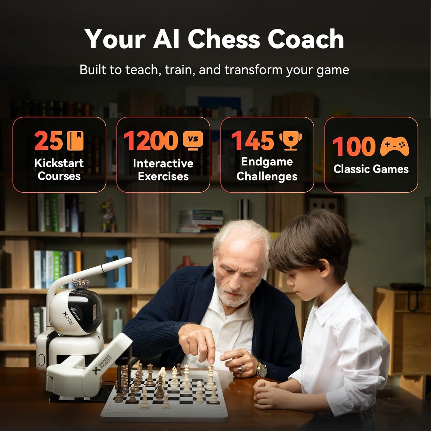 AI Chess Robot with Robotic Arm – 25 AI Levels, 1200+ Exercises, Endgame Trainer, Classic Game Replay, Voice Coaching, Lichess Integration, App Sync, for All Skill Levels