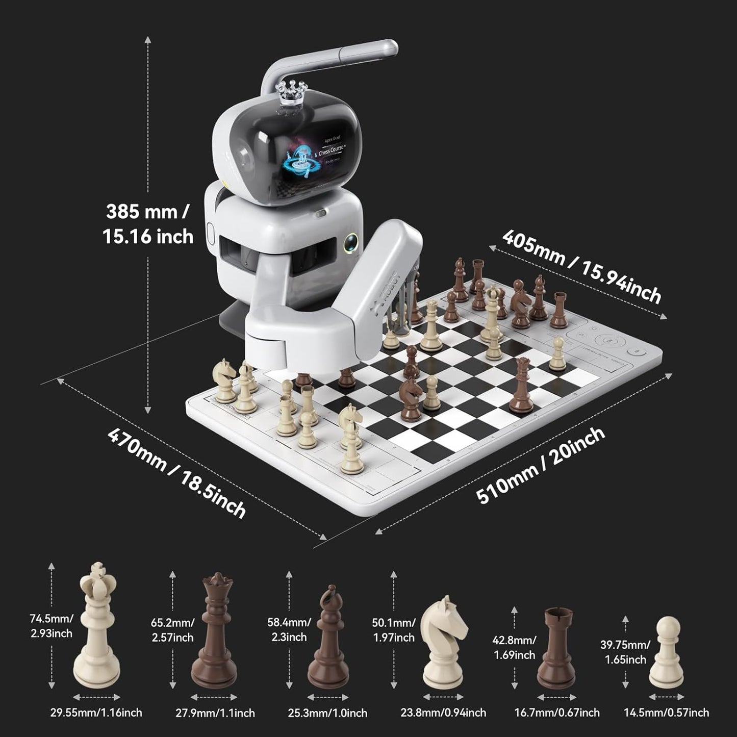 AI Chess Robot with Robotic Arm – 25 AI Levels, 1200+ Exercises, Endgame Trainer, Classic Game Replay, Voice Coaching, Lichess Integration, App Sync, for All Skill Levels