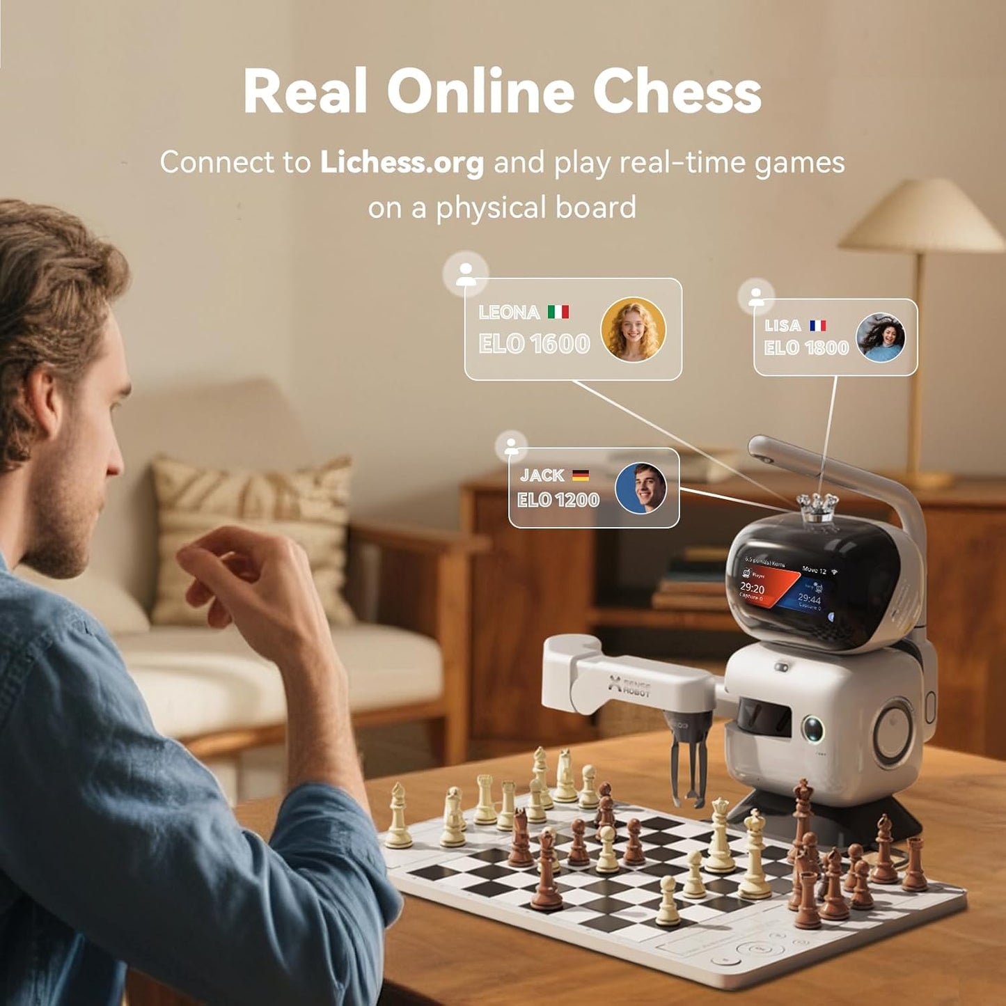 AI Chess Robot with Robotic Arm – 25 AI Levels, 1200+ Exercises, Endgame Trainer, Classic Game Replay, Voice Coaching, Lichess Integration, App Sync, for All Skill Levels