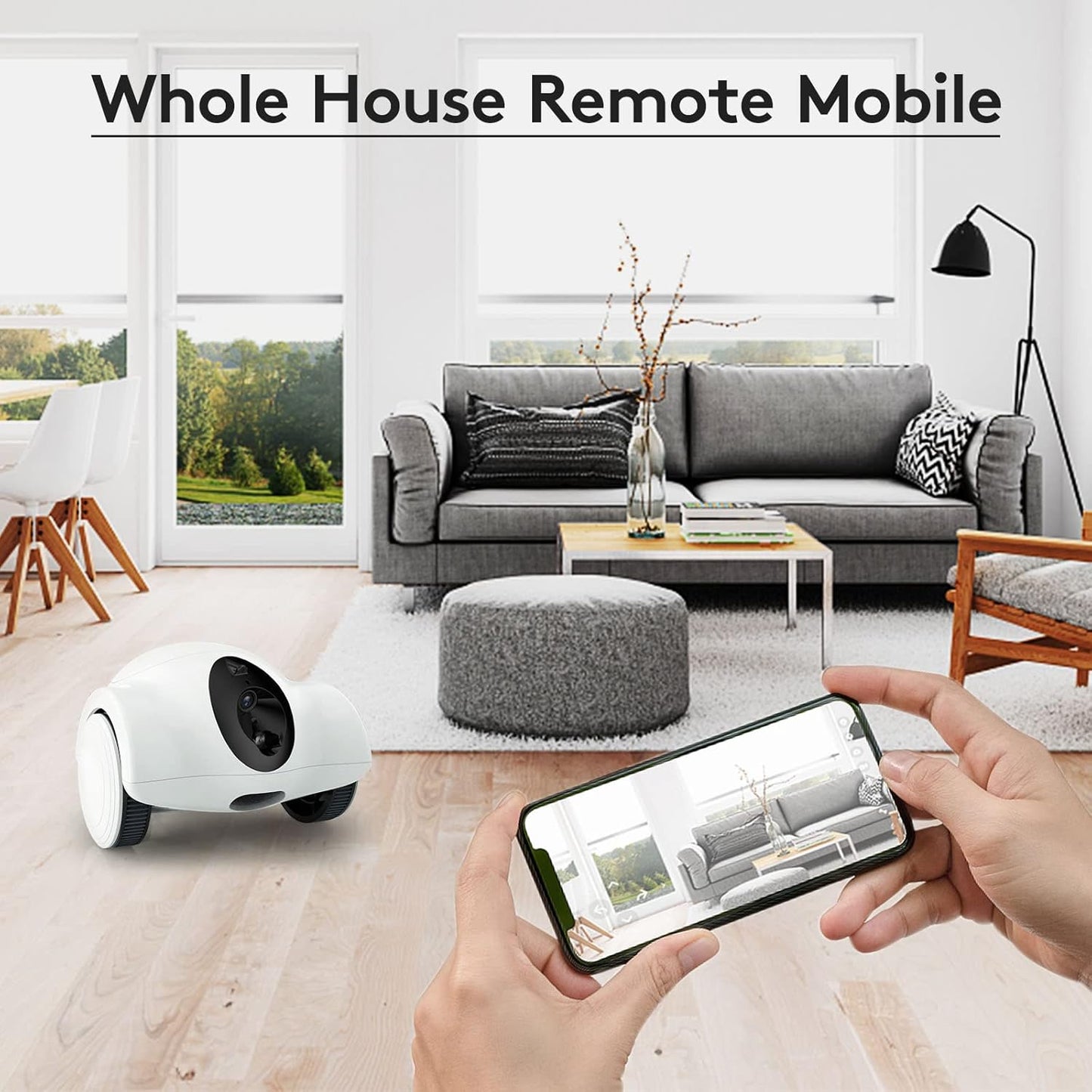 Smart Pet Robot Camera with Treat Dispenser in a modern living room with smartphone control.