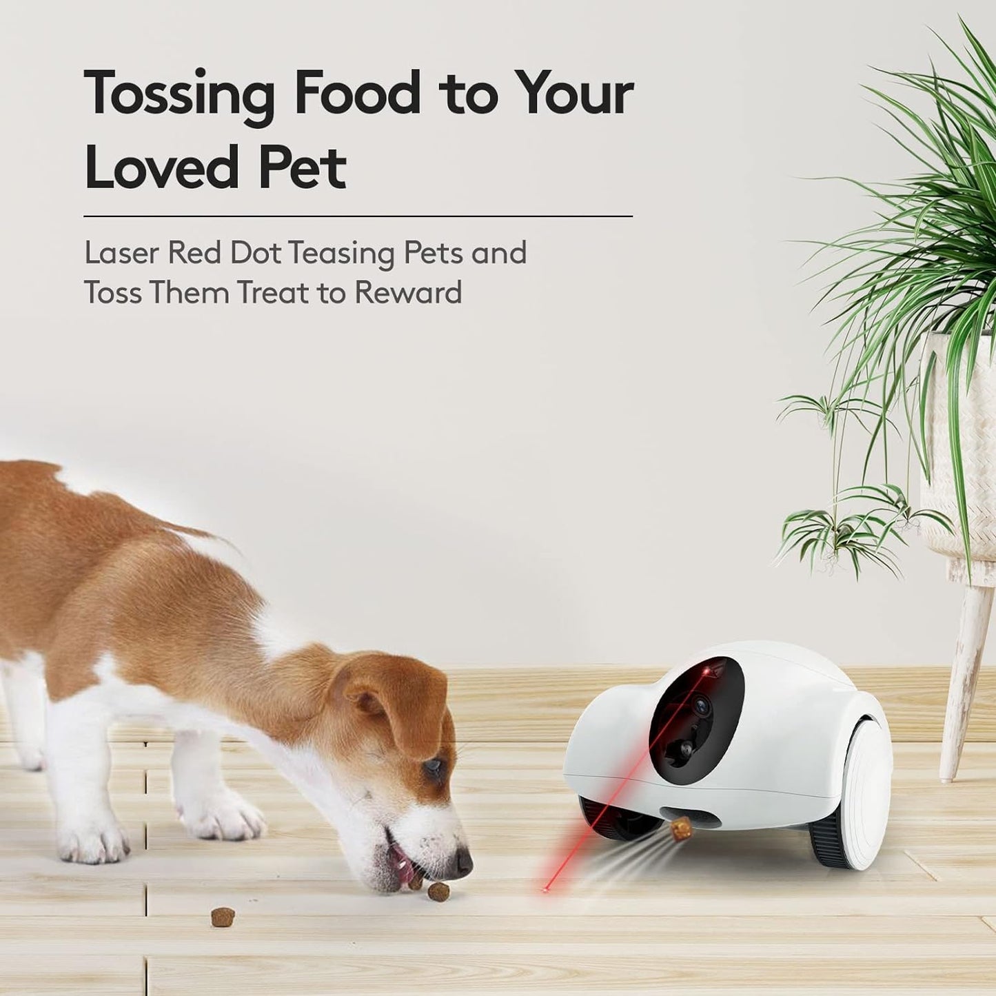 Smart Pet Robot Camera with Treat Dispenser tossing treats to a pet dog with laser dot teasing.