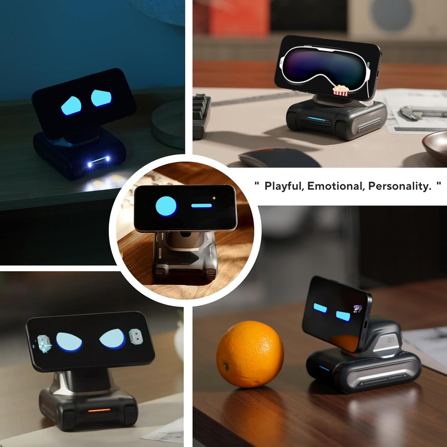 Smart AI desktop companion interacting with objects, showcasing its playful and emotional personality through expressive LEDs.