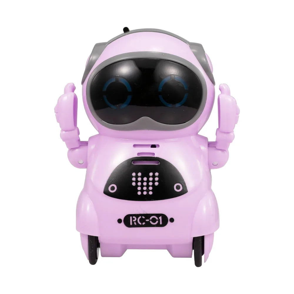 interactive pocket robot toys in pink, featuring blinking LEDs and small wheels for fun and learning.