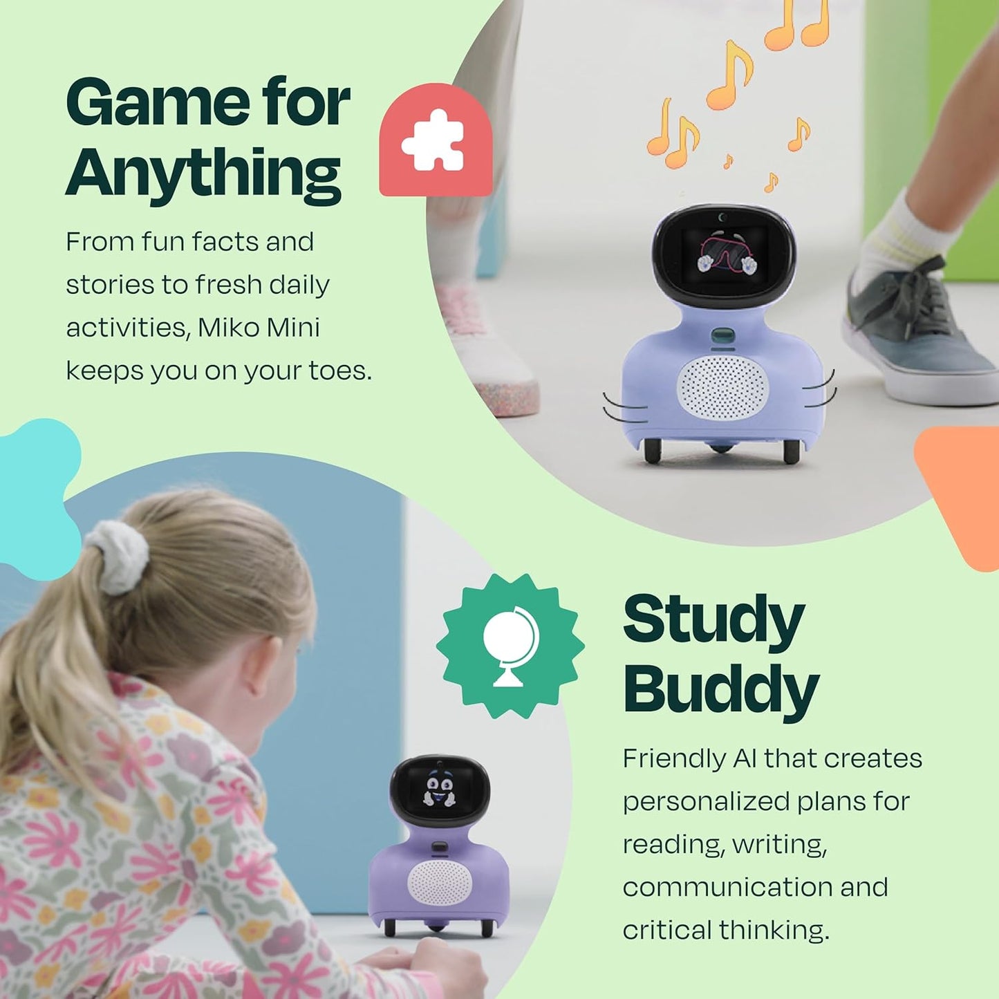 AI educational robot for kids engaging in activities, helping learn through play and interaction.