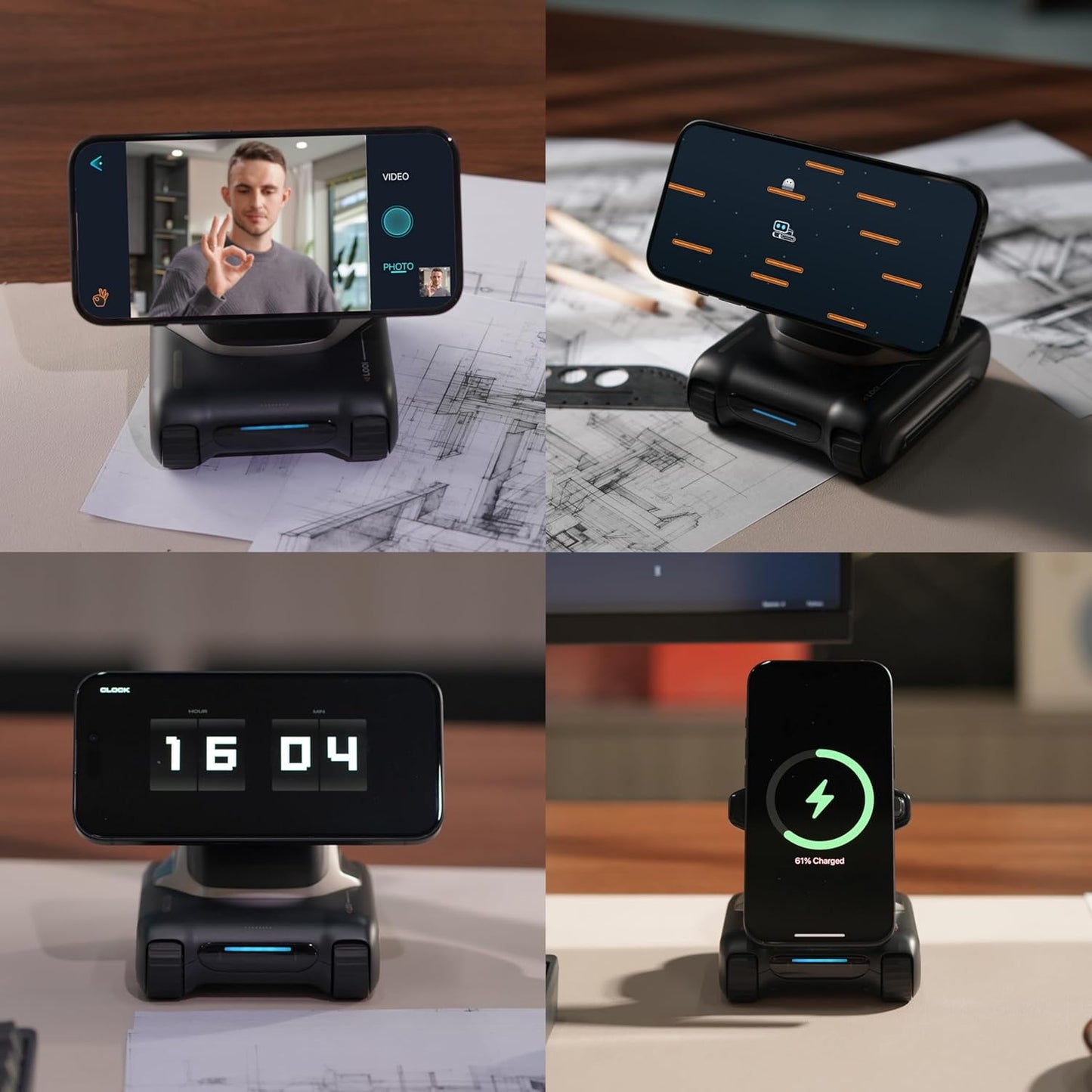 Smart AI desktop companion in action with video call, game display, clock, and charging screen.