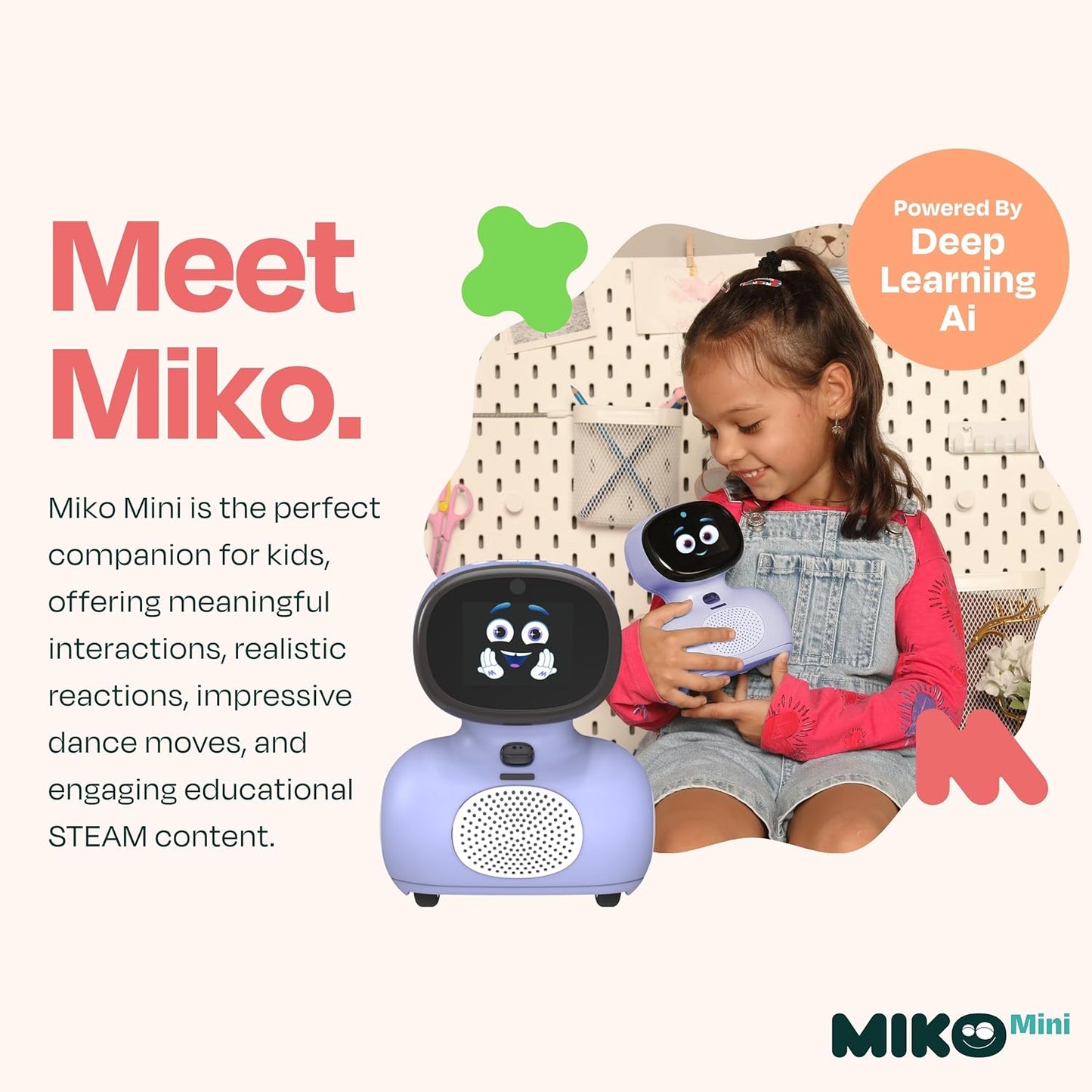 AI educational robot for kids Miko Mini engaging with a child, offering interactive learning experiences.