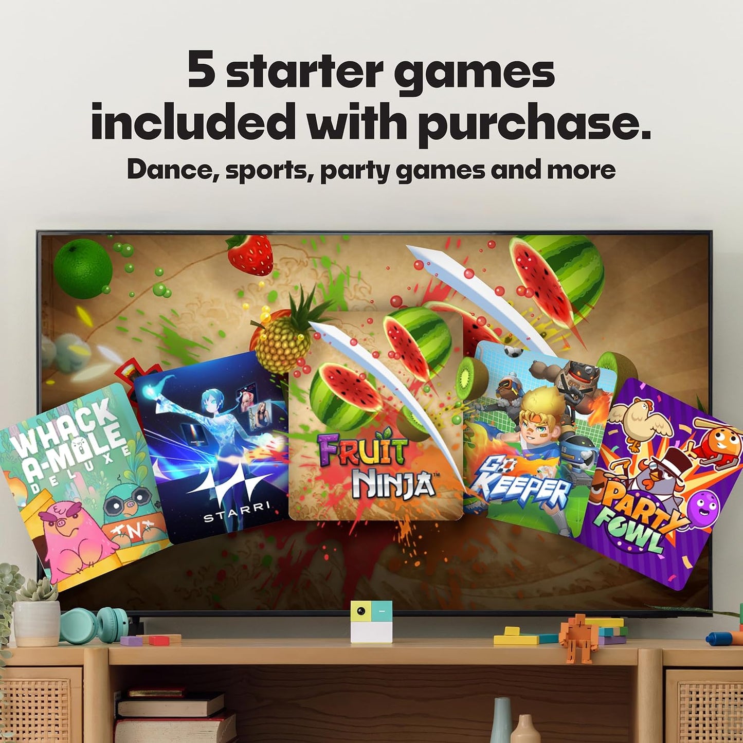 The Ultimate Indoor Active Play System for Kids with 5 starter games included, featuring dance, sports, and party games.