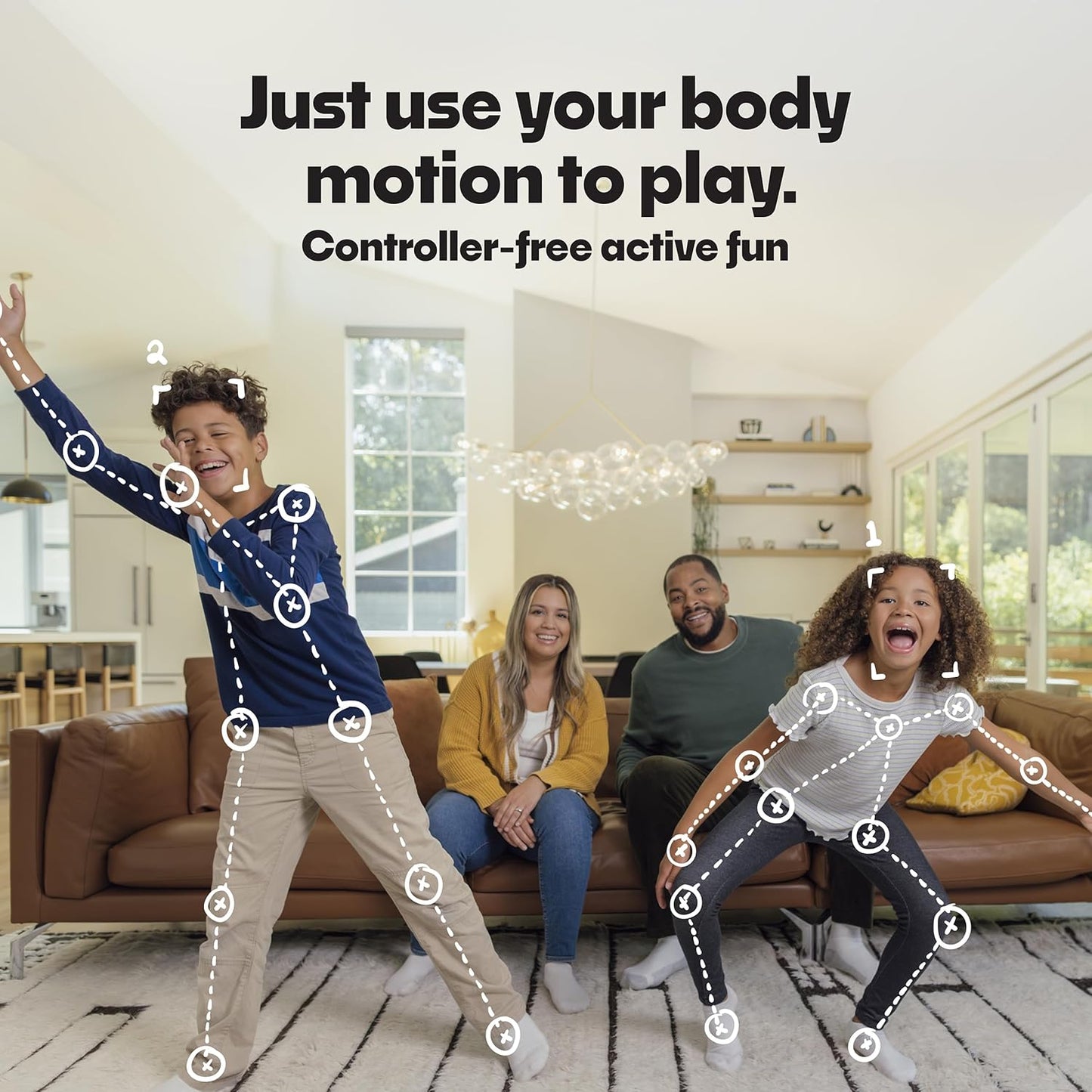 Kids enjoying The Ultimate Indoor Active Play System for Kids with body motion in a fun living room setting.
