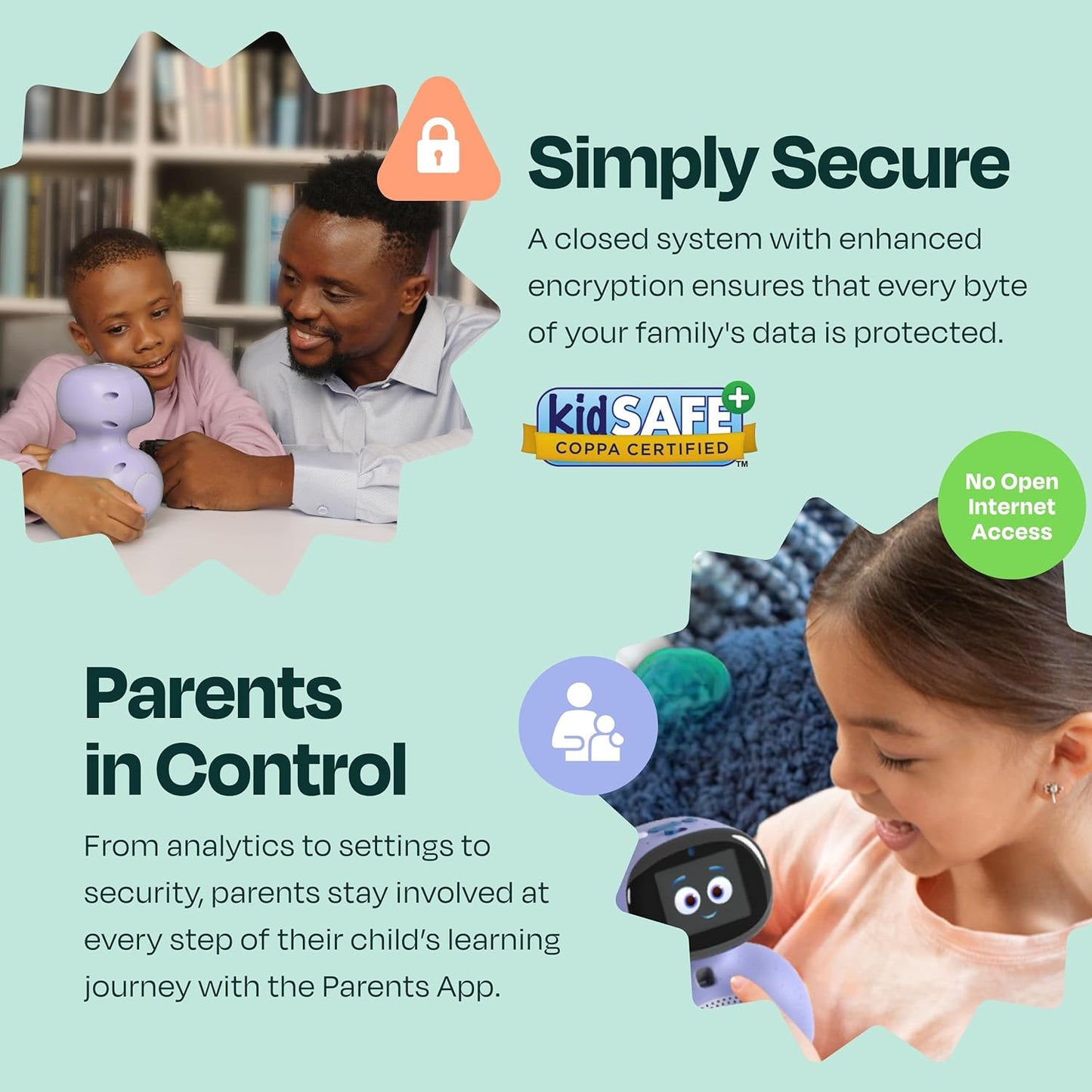 AI educational robot for kids features security for safe learning and parental control for interactive experiences.