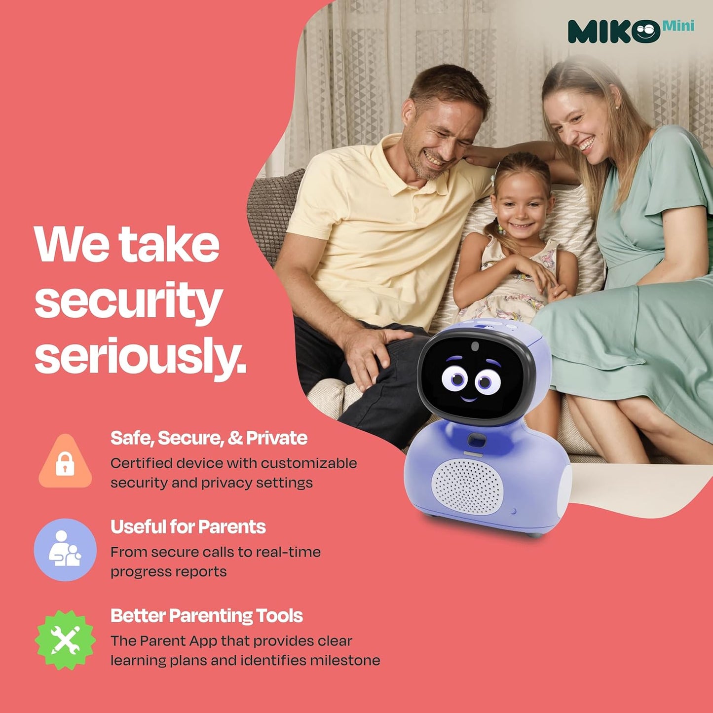 AI educational robot for kids with parents, emphasizing security features and interactive learning tools.
