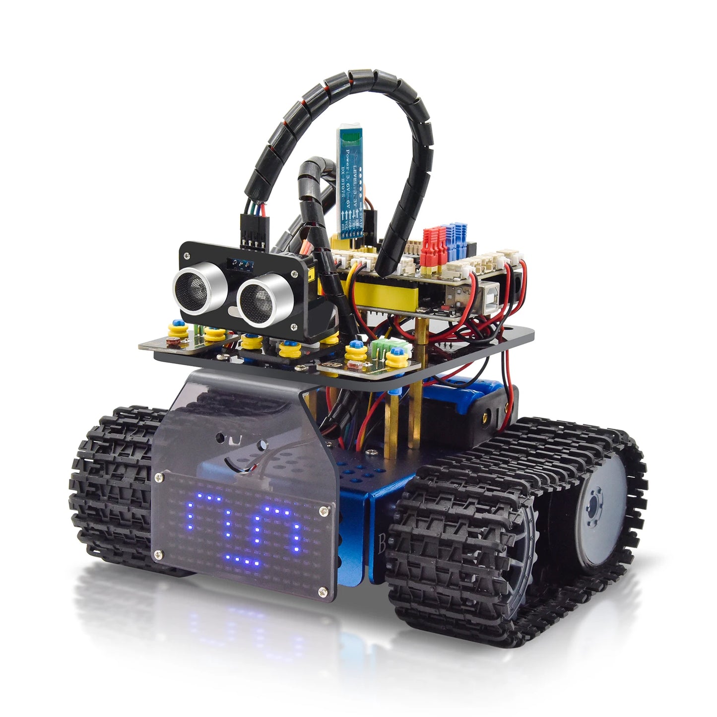 Mini smart tank robot kit showcasing its dual gear motors, color-coded cables, and robust rubber tracks for STEM projects.