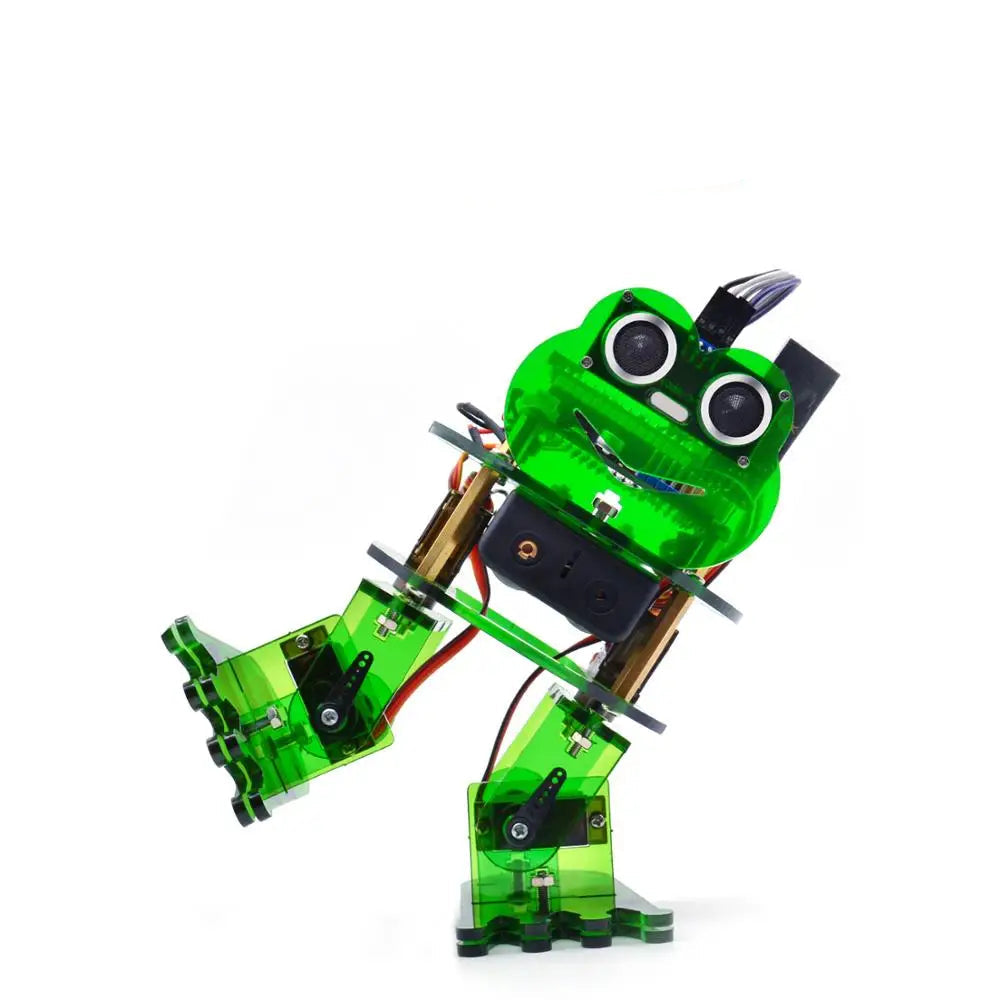 DIY Frog Robot kit in vibrant green, showcasing its fun design and movable legs for educational building.