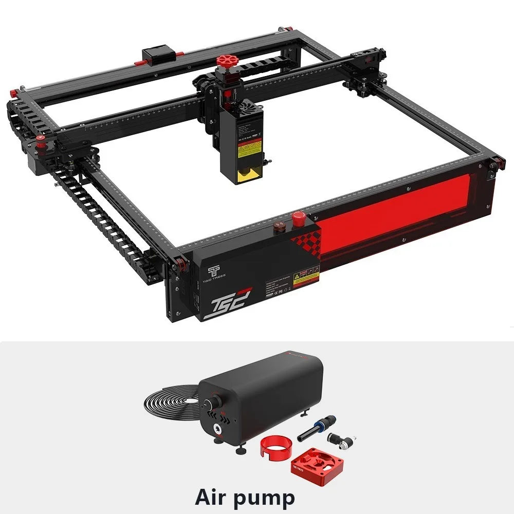 TS2 20W Laser Engraver showcasing its precision cutting features and included air pump accessory.