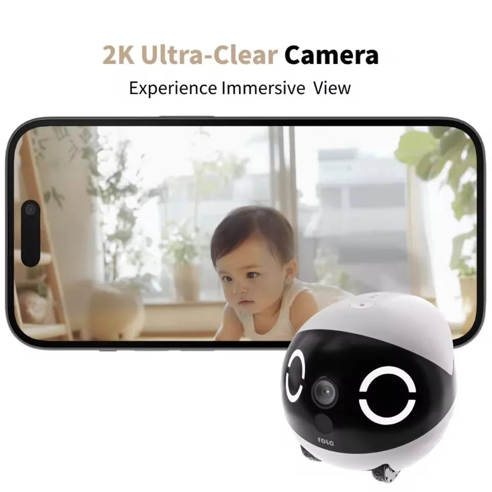 New Enabot Mini Pet Companion Robot alongside a smartphone displaying a child, showcasing its 2K ultra-clear camera.