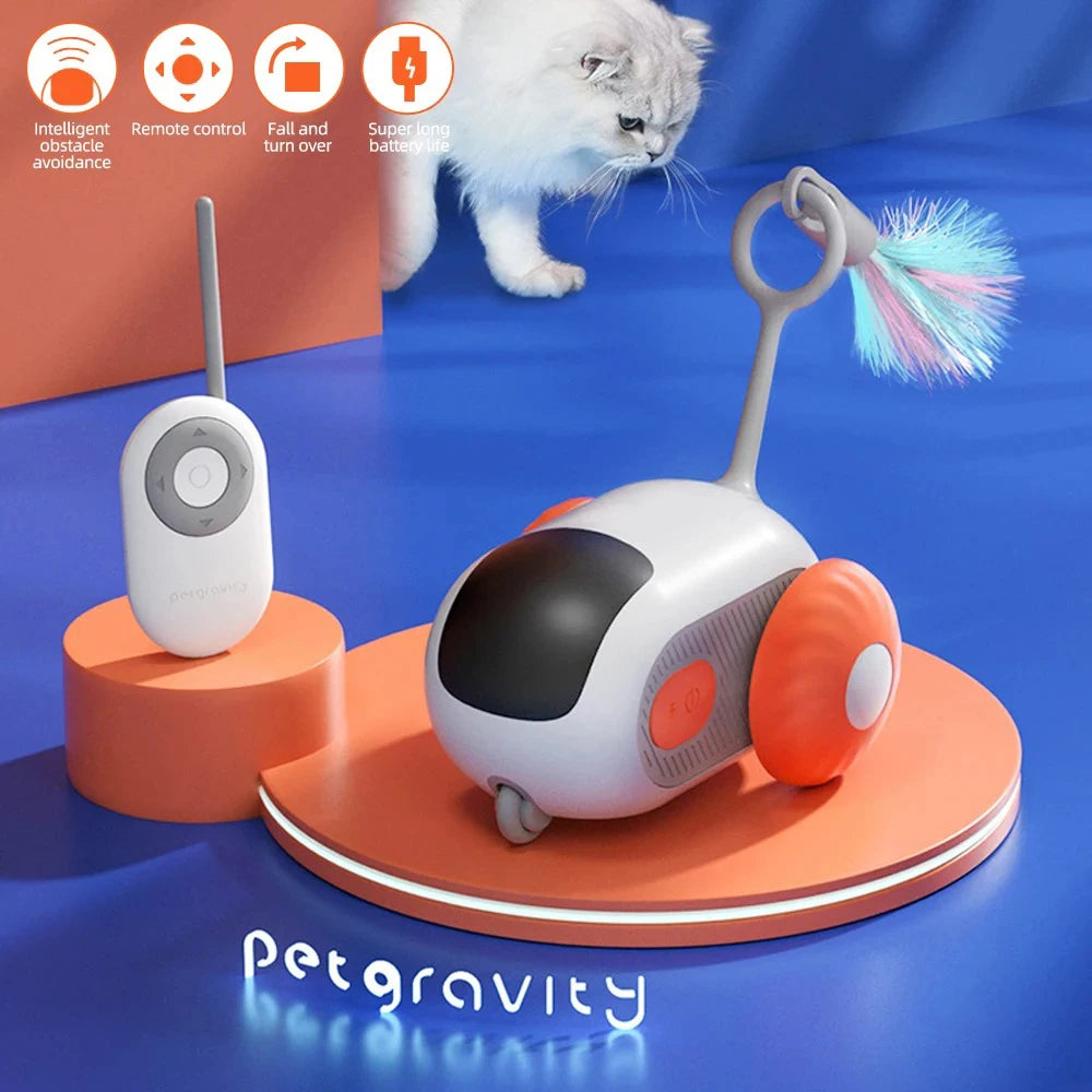 Automatic Rolling Smart Cat Toy Car with remote control and feather teaser, perfect for keeping cats entertained.