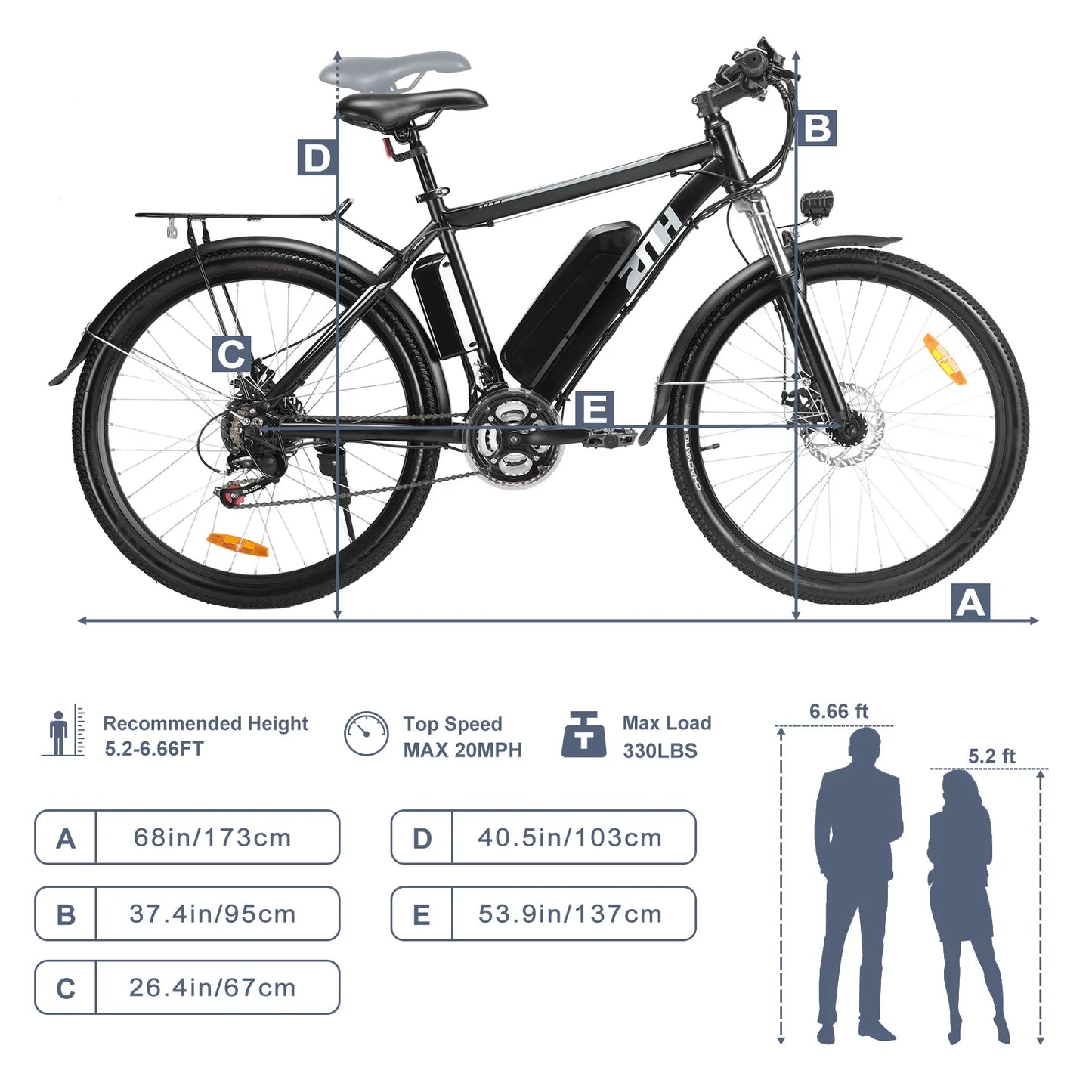 Specifications of 48V electric bike for commuting including dimensions, top speed, and recommended height.